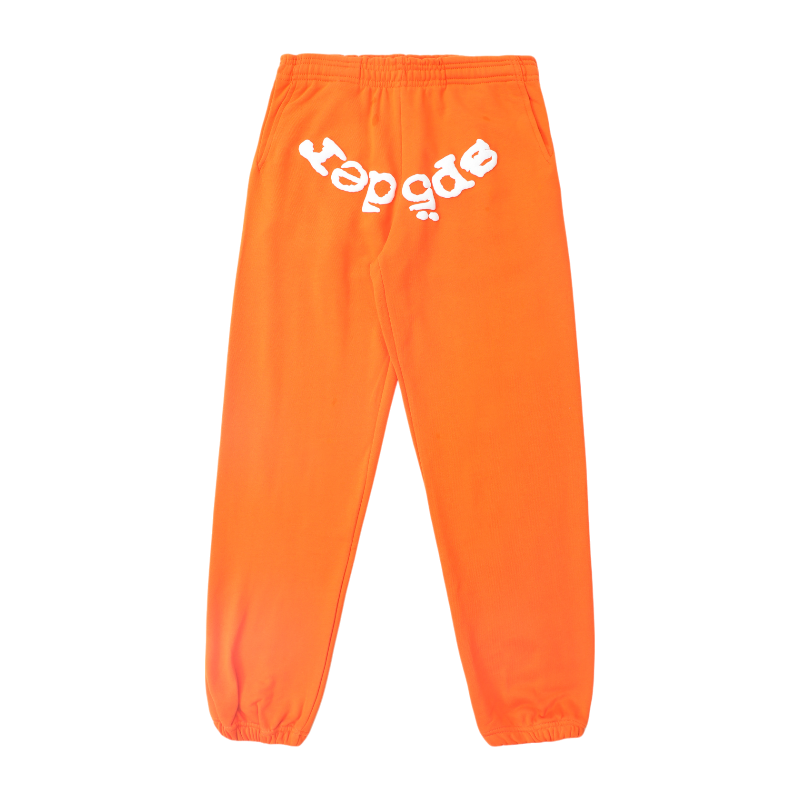 Back view of bright orange Sp5der Websuit sweatpants featuring the signature white web branding logo design.