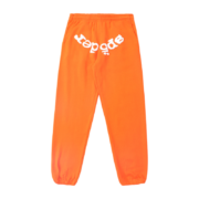 Back view of the vibrant orange Sp5der Websuit sweatpants featuring iconic white branding for a streetwear look.
