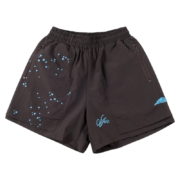 Black Sp5der sports shorts featuring a unique five-star print pattern and a tastefully embroidered brand logo design.