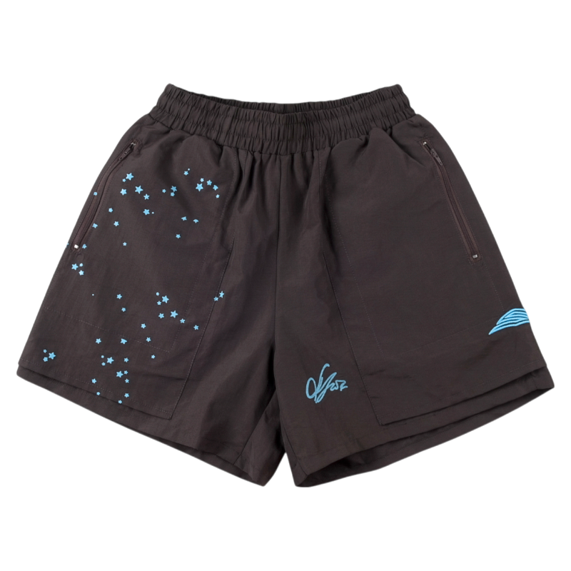 Black Sp5der sports shorts featuring a unique five-star print pattern and a tastefully embroidered brand logo design.