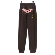 Front view of the brown Sp5der OG Web Sweatpants featuring iconic pink branding and a yellow star print design.