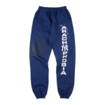 Front view of blue Sp5der Arach NY Phobia sweatpants with a bold white text graphic and arachnid motif design.
