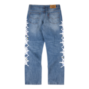 Back view of Sp5der Vintage Web Jean Denim featuring iconic white web detailing on high-quality blue distressed denim.