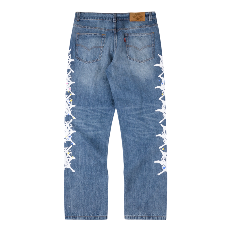 Back view of Sp5der Vintage Web Jean Denim featuring iconic white web detailing on high-quality blue distressed denim.