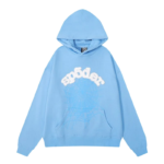 Sky blue Sp5der web hoodie featuring iconic branding and a loose fit for a comfortable and stylish streetwear look.