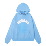 Sky blue Sp5der web hoodie featuring iconic branding and a loose fit for a comfortable and stylish streetwear look.