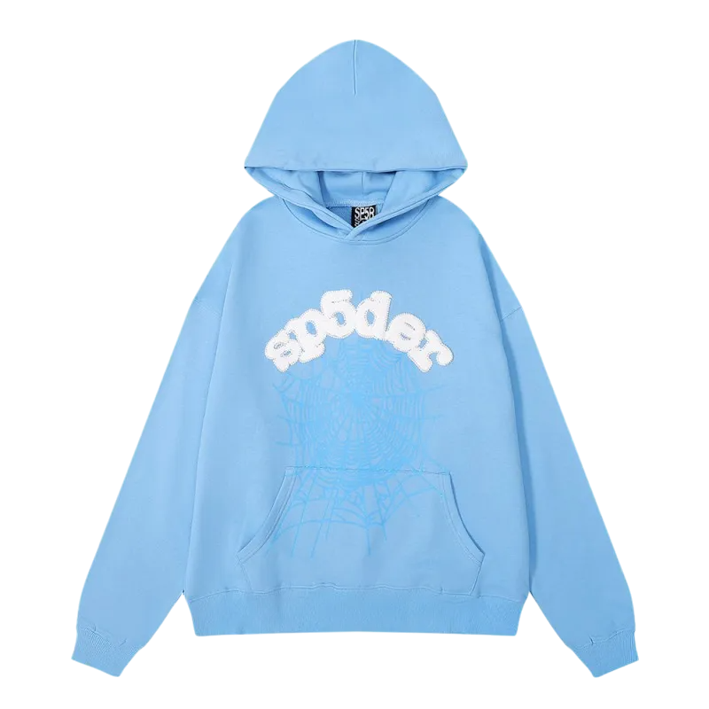 Sp5der Web Hoodie Sky Blue Front View Sky blue Sp5der web hoodie featuring iconic branding and a loose fit for a comfortable and stylish streetwear look.