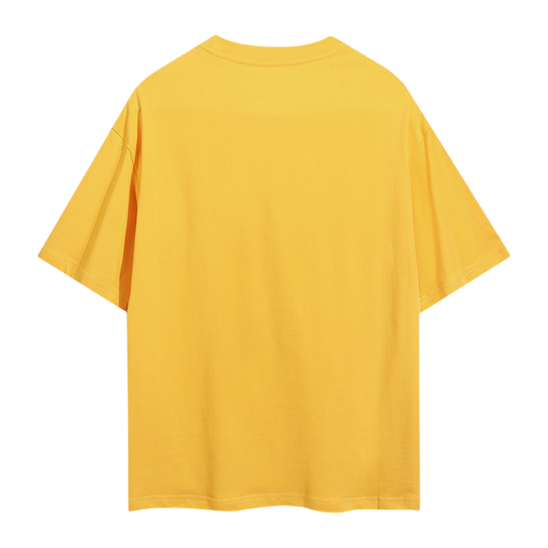 Back view of the vibrant SP5DER yellow web print t-shirt featuring comfortable premium cotton construction.