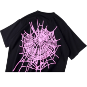 Black SP5DER Worldwide Web t-shirt with a bold pink spider web graphic for a stylish streetwear aesthetic.
