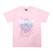 Front view of the light pink Sp5der Young Thug Atlanta t-shirt featuring a web and star graphic design.