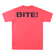 Back view of the vibrant red Sp5der Bite graphic t-shirt featuring the bold black text logo across the upper back.