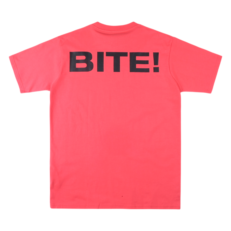 Back view of the vibrant red Sp5der Bite graphic t-shirt featuring the bold black text logo across the upper back.