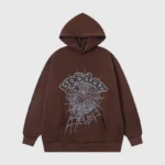 Front view of the brown Sp5der OG Web V2 hoodie featuring a signature spider web graphic and rhinestone branding