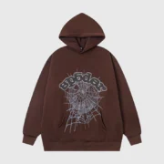 Front view of the brown Sp5der OG Web V2 hoodie featuring a signature spider web graphic and rhinestone branding