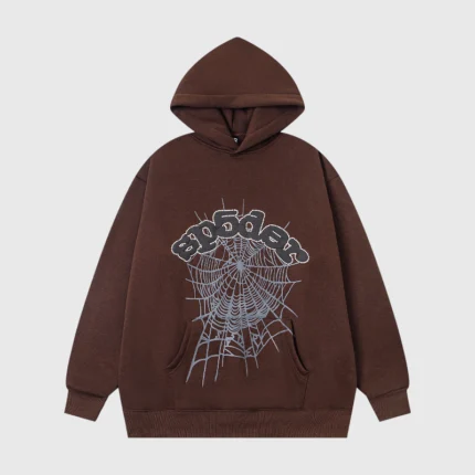 Front view of the brown Sp5der OG Web V2 hoodie featuring a signature spider web graphic and rhinestone branding