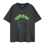 Sp5der Wait Web T-shirt in charcoal grey featuring a green Sp5der logo and an intricate spider web graphic print.