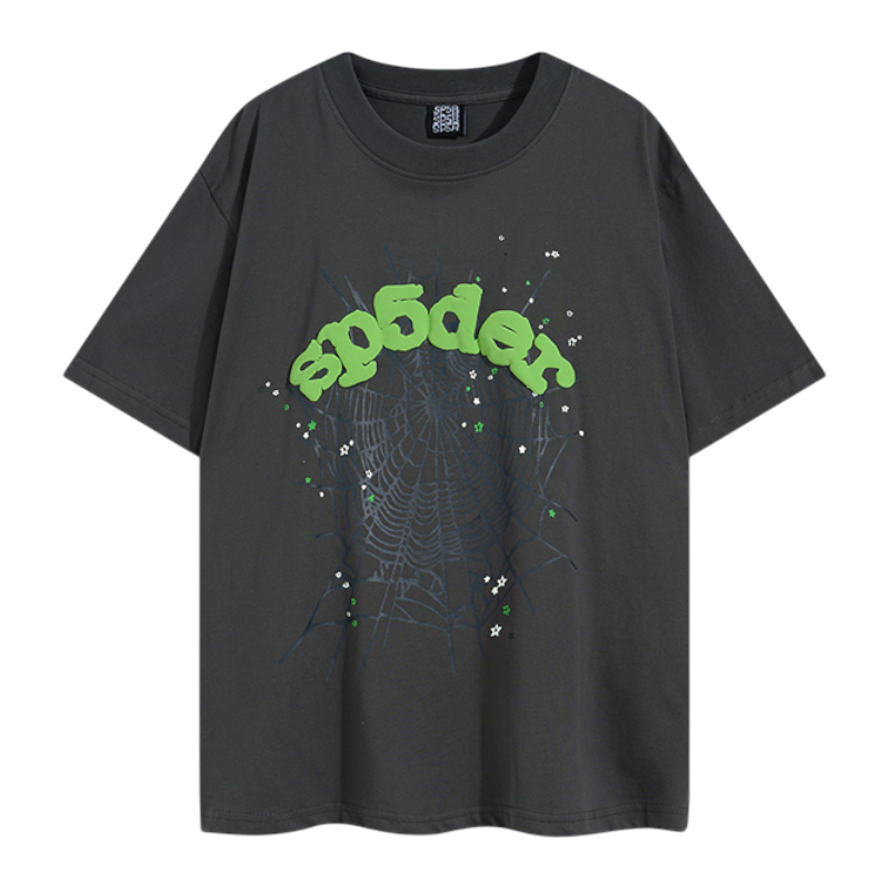 Sp5der Wait Web T-shirt in charcoal grey featuring a green Sp5der logo and an intricate spider web graphic print.