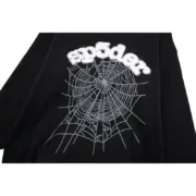 A premium black Sp5der Web hoodie featuring a detailed white spider web graphic print and iconic Sp5der branding.