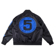 Back view of the black Sp5der Satin Bomber Jacket featuring a large blue circular logo with a bold number five on the back.