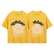 Bright yellow Sp5der T-shirt featuring a distinctive white spider web graphic print on the front for a bold urban look.