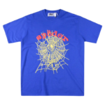 Sp5der OG Web V2 Royal Blue T-Shirt featuring a prominent yellow spider web graphic and bold red brand lettering.