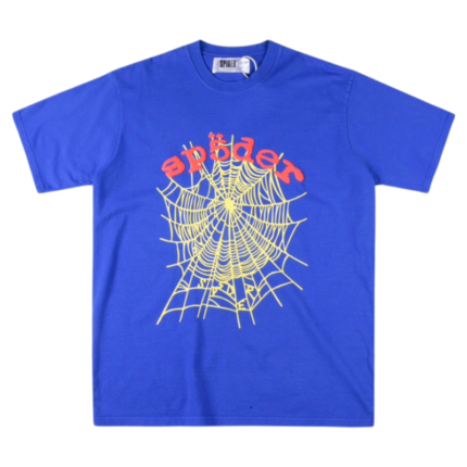 Sp5der OG Web V2 Royal Blue T-Shirt featuring a prominent yellow spider web graphic and bold red brand lettering.