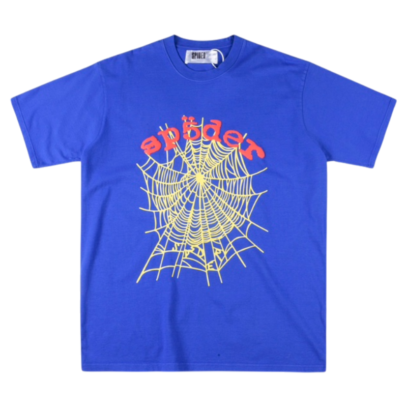 Sp5der OG Web V2 Royal Blue Graphic T Shirt Sp5der OG Web V2 Royal Blue T-Shirt featuring a prominent yellow spider web graphic and bold red brand lettering.
