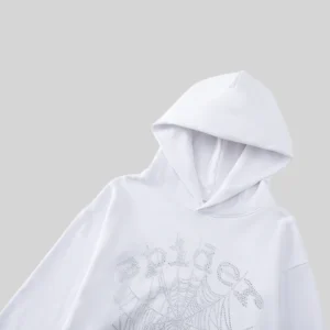 Sp5der OG Rhinestone Hoodie 'White' close up