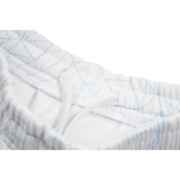 Close-up view of the elasticated waistband detail on the heather grey Sp5der AOP Web sweatpants with drawstring.