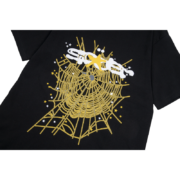 SP5DER Web Print Gothic Punk T-Shirt in black featuring a unique golden spider web design and branding graphic.