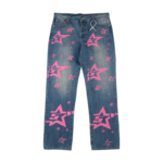 Sp5der 5Star Vintage 501 Denim jeans featuring a premium medium wash fabric with a vibrant pink star graphic print.