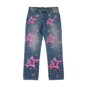 Sp5der 5Star Vintage 501 Denim jeans featuring a premium medium wash fabric with a vibrant pink star graphic print.