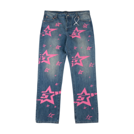 Sp5der 5Star Vintage 501 Denim jeans featuring a premium medium wash fabric with a vibrant pink star graphic print.