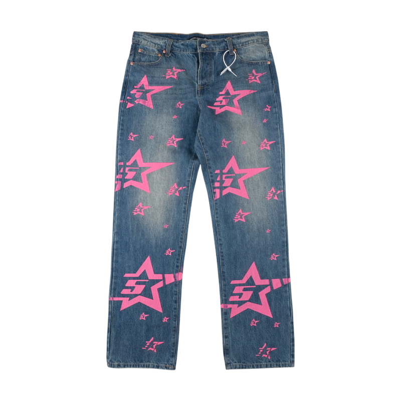Sp5der 5Star Vintage 501 Denim jeans featuring a premium medium wash fabric with a vibrant pink star graphic print.