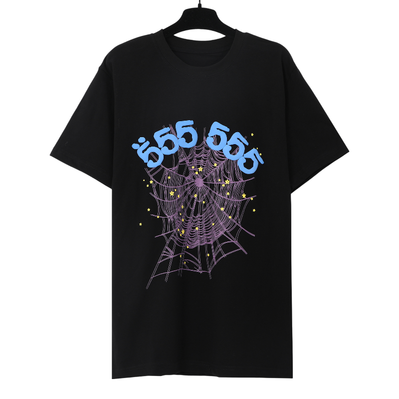 Sp5der Black 55555 Spider Web Tee featuring a bold graphic design with stars on high-quality comfortable cotton fabric.