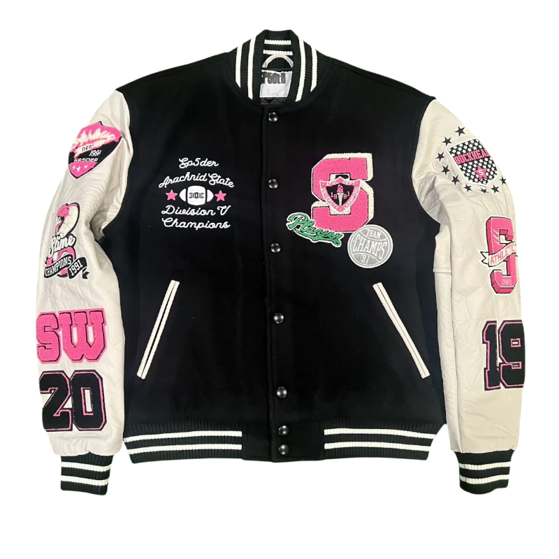 Front view of the SP5DER Division 5 varsity jacket in black and white with signature graphic patches and embroidery.