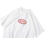 Front view of the SP5DER white tee featuring the signature oval logo graphic with star details for streetwear style.