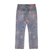 Back view of Sp5der AOP Vintage 501 denim jeans featuring a bold, pink all-over spider web print design.