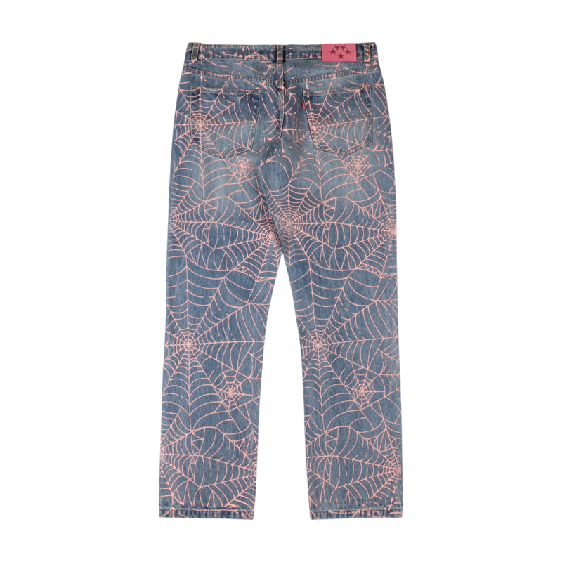 Back view of Sp5der AOP Vintage 501 denim jeans featuring a bold, pink all-over spider web print design.