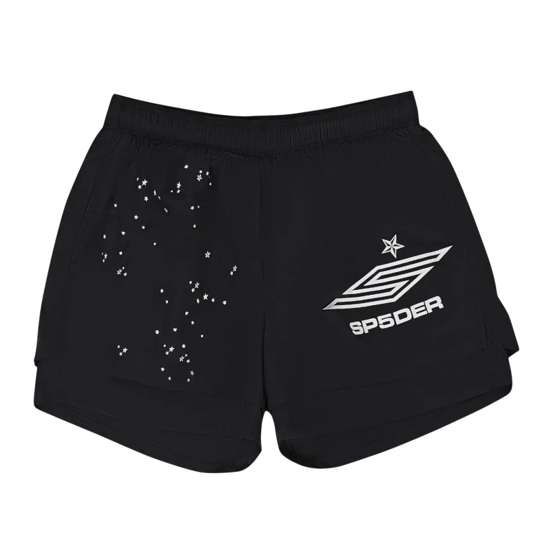 Sp5der Pro double layer athletic shorts in black with star branding and technical performance design features