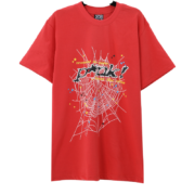 Front view of a red Sp5der T-shirt featuring a detailed white spider web print and star accents on the chest area.