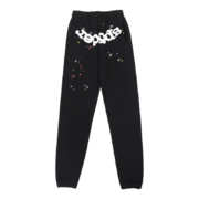 Full back view of the black Sp5der OG Web sweatpants featuring the iconic streetwear design and colorful star details.