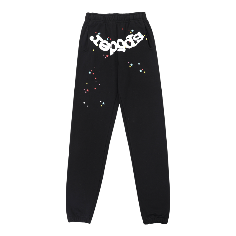 Full back view of the black Sp5der OG Web sweatpants featuring the iconic streetwear design and colorful star details.