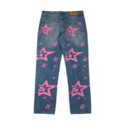 Back view of Sp5der 5Star Vintage 501 Denim jeans with pink star graphics on blue vintage wash cotton denim fabric.