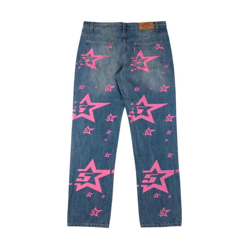 Back view of Sp5der 5Star Vintage 501 Denim jeans with pink star graphics on blue vintage wash cotton denim fabric.