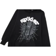 The Sp5der Web Hoodie in black features a signature web graphic print on a premium loose-fit cotton blend fabric.