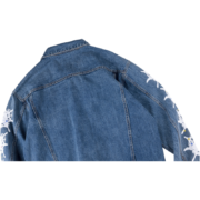 Back view of the SP5DER Worldwide Denim Jacket featuring signature graphics and premium blue denim construction.
