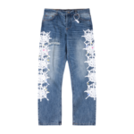 Sp5der Vintage Web Jean Denim featuring a premium distressed blue wash with iconic white web graphic print detail.