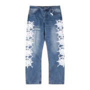 Sp5der Vintage Web Jean Denim featuring a premium distressed blue wash with iconic white web graphic print detail.