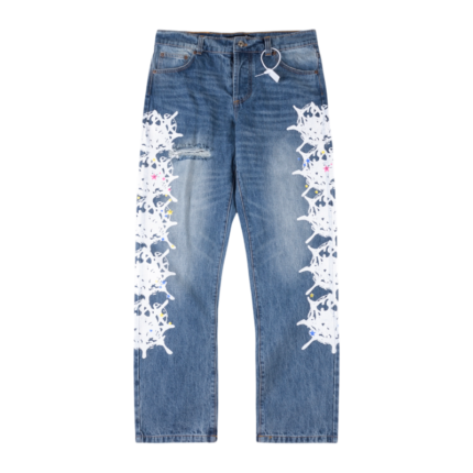Sp5der Vintage Web Jean Denim featuring a premium distressed blue wash with iconic white web graphic print detail.